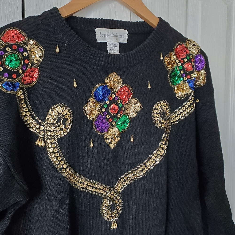 Vintage Jessica Roberts black embellished sweater gold teardrop beading - Picture 2 of 5